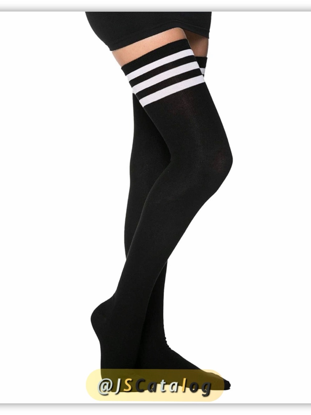 JSCatalog Black Thigh-High Socks with White Athletic Stripes